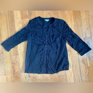 Black Hollow-Out Flower Goth Petite 3/4 Sleeve Blouse Womens